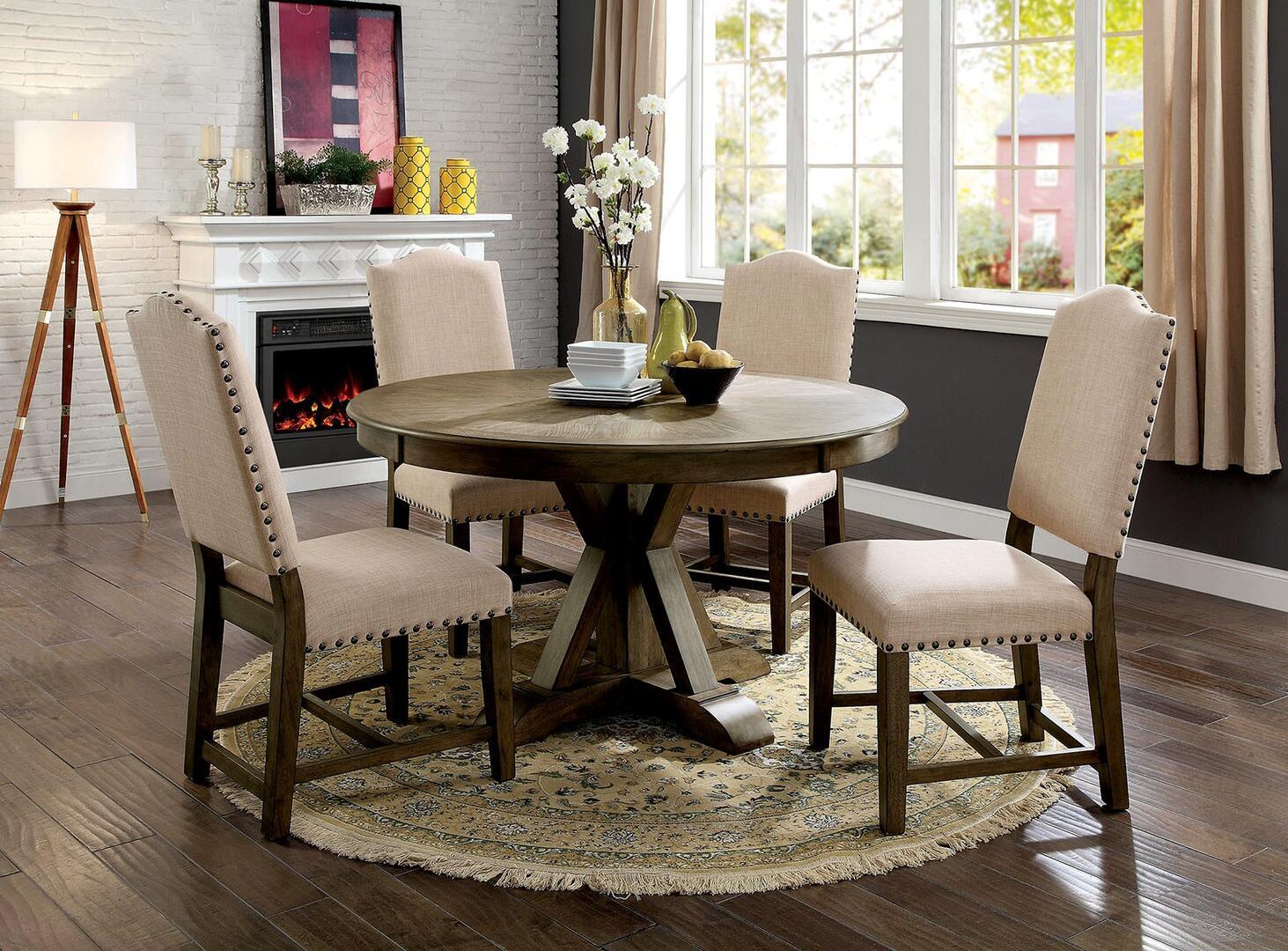 Nestfair 5 Piece Oval Brown Beige Wood Top Dining Table Set Seats 4 with Upholstered Chairs, image size:1463x1080