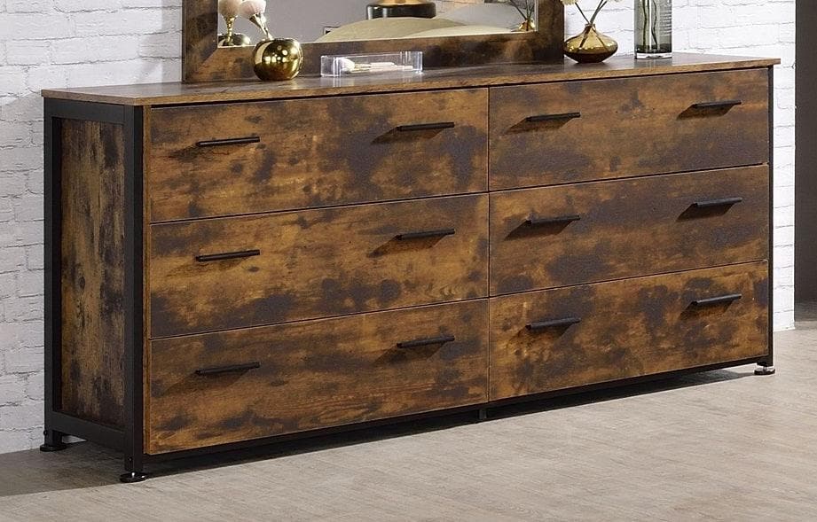 reclaimed wood and metal dresser Juvanth - Rustic Oak & Black Finish - Dresser w/6 Drawers