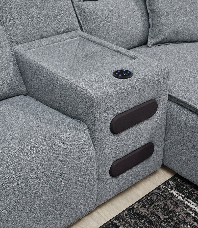 ModMax II Salt and Pepper 6-Piece Reclining Sectional with Chaise and Audio Console - Ornate Home