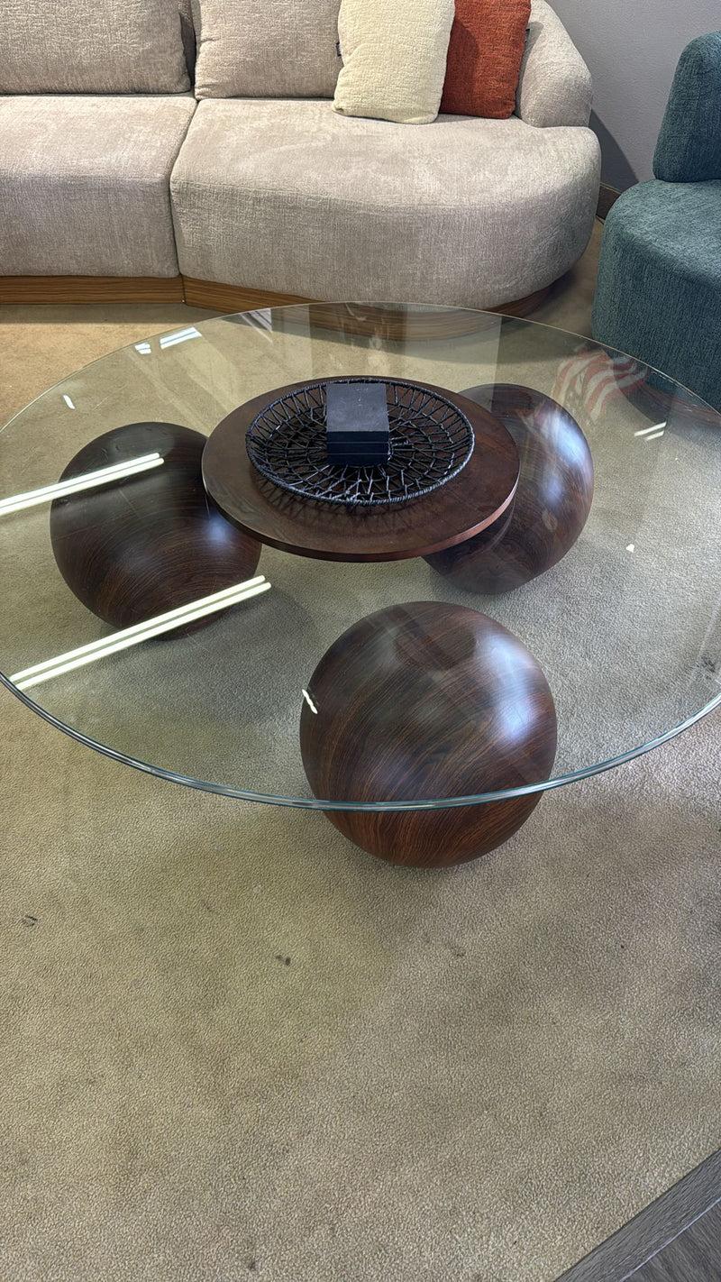 Abstract 16" Dia Dark Walnut Cast Ball-Shape Base Coffee Table w/ Round Clear Glass Top - Ornate Home