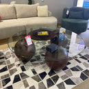 Abstract 16" Dia Dark Walnut Cast Ball-Shape Base Coffee Table w/ Round Clear Glass Top - Ornate Home