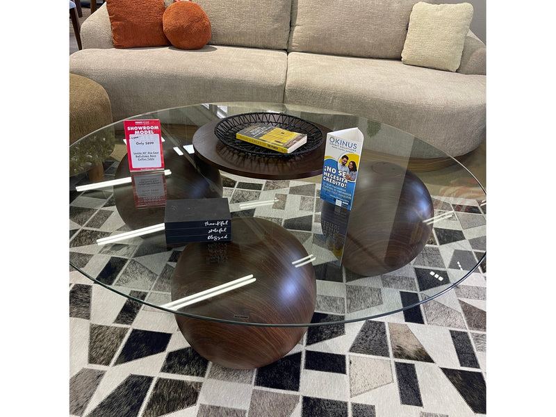 Abstract 16" Dia Dark Walnut Cast Ball-Shape Base Coffee Table w/ Round Clear Glass Top - Ornate Home