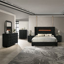 Garner Black/Gray EK Bed w/Fireplace, LED, Reading Light, Speaker, Bluetooth, USB - Ornate Home