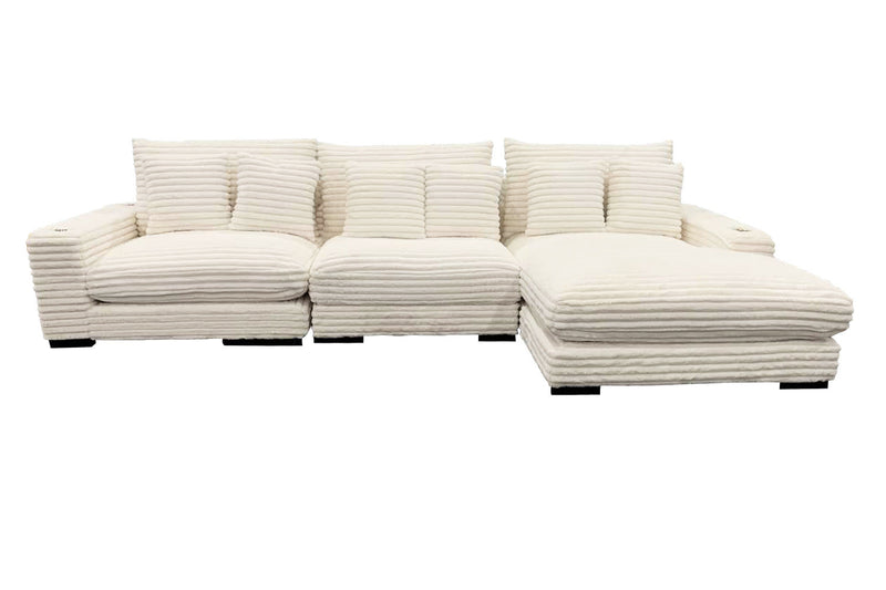 Lindyn II Ivory Jumbo Corduroy 3pc Reversible Sectional Sofa w/ Dual Cupholders & USB Ports - Ornate Home
