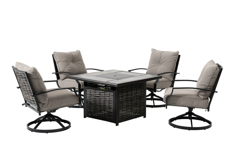 Segovia Black & Gray Outdoor Dining Set w/ Fire Pit / 5pc