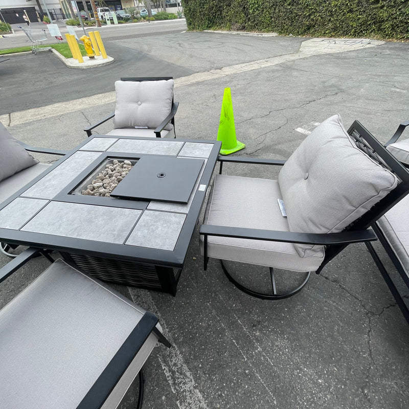 Segovia Black & Gray Outdoor Dining Set w/ Fire Pit / 5pc