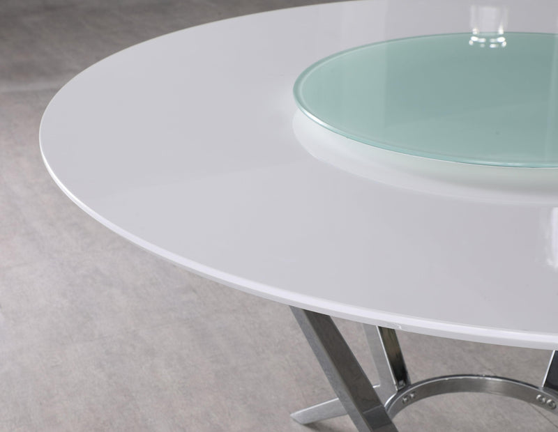 Abby Round Dining Table in White & Chrome w/ Turntable - Ornate Home