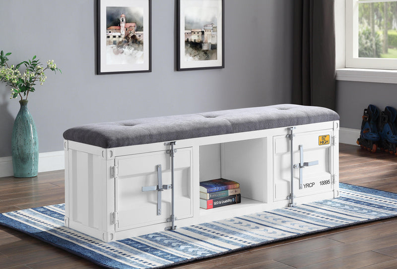 Cargo Gray Fabric & White Bench (Storage) - Ornate Home