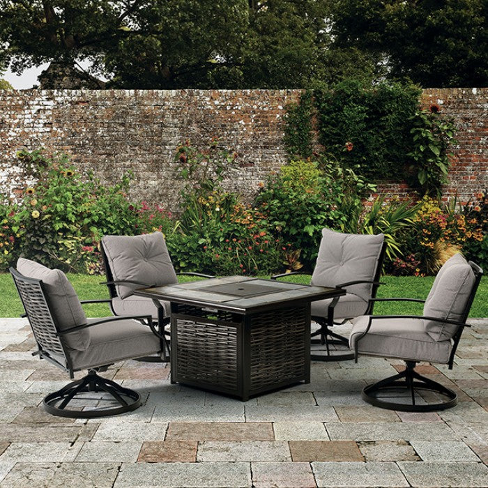 Segovia Black & Gray Outdoor Dining Set w/ Fire Pit / 5pc